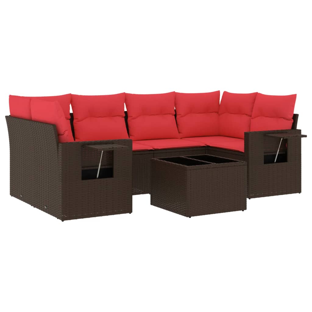 Ensemble de canapé de jardin 7 pcs avec coussins marron résine tressée