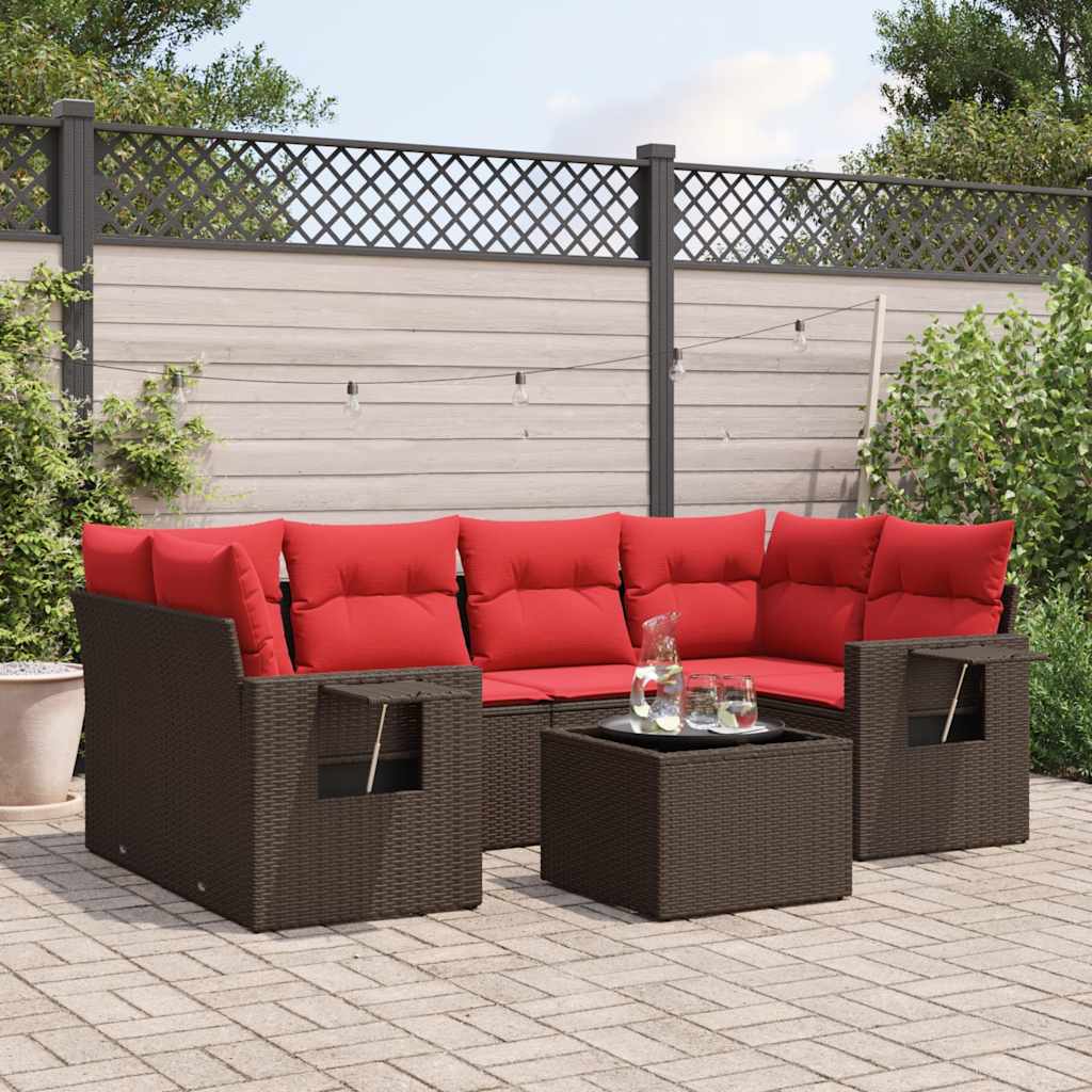 Ensemble de canapé de jardin 7 pcs avec coussins marron résine tressée
