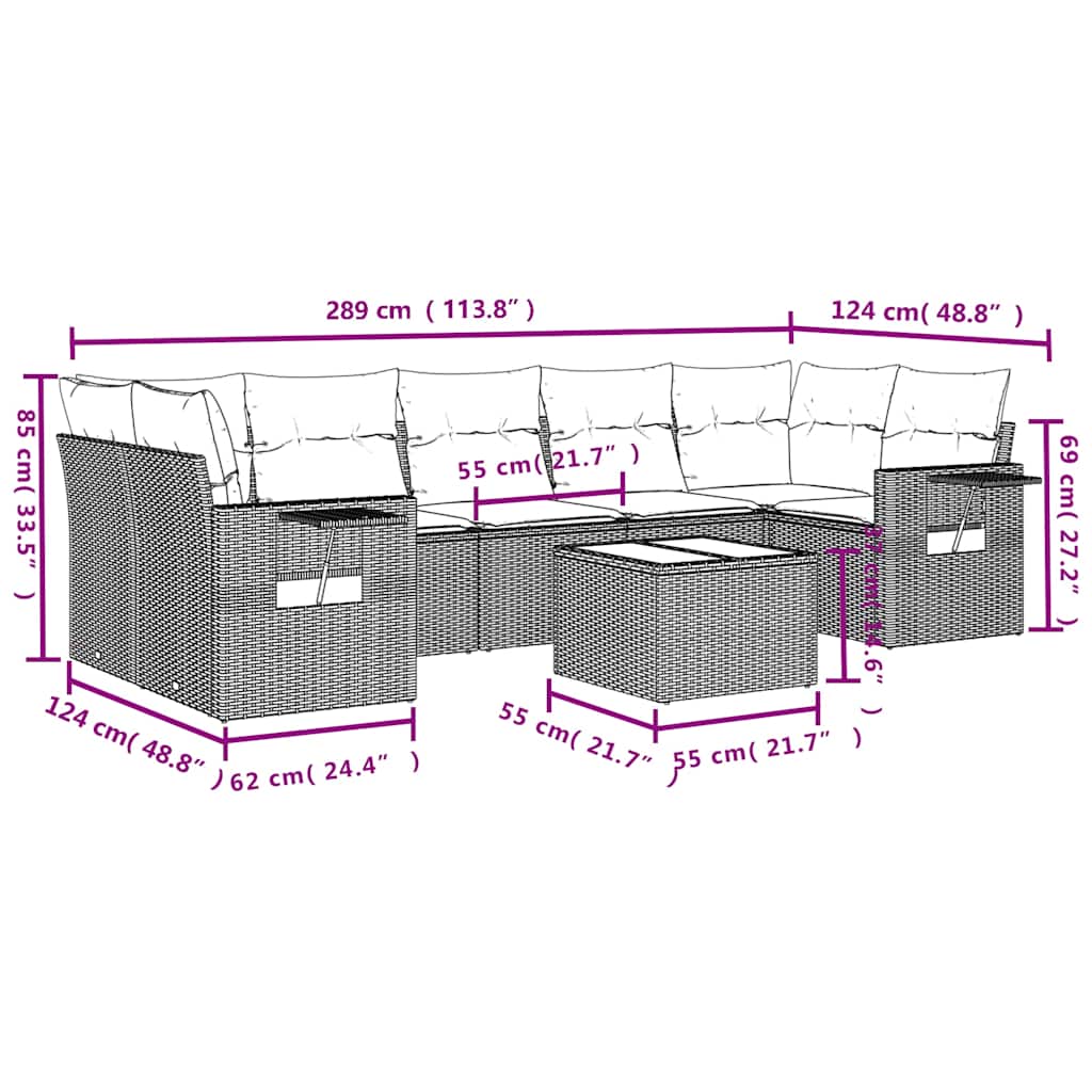 Ensemble de canapé de jardin 8 pcs avec coussins gris résine tressée