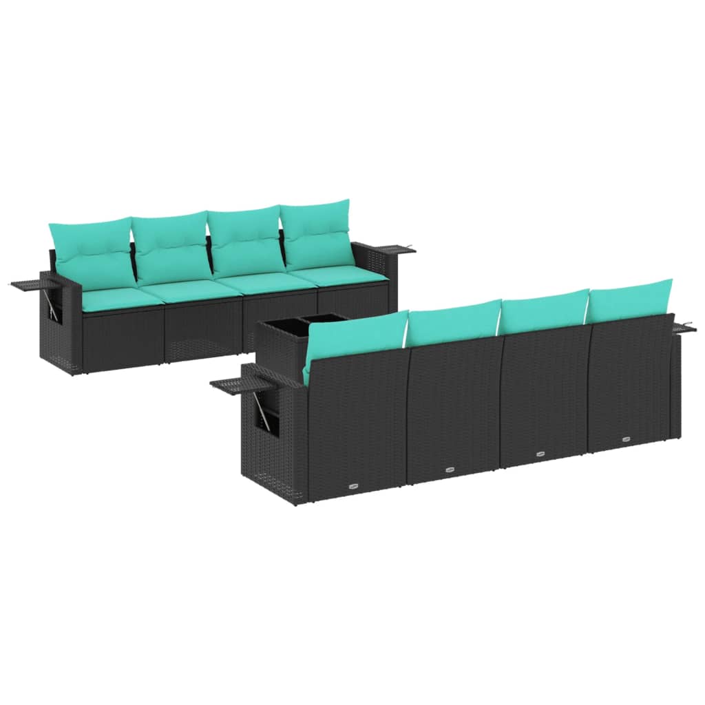 Ensemble de canapé de jardin 9 pcs avec coussins noir résine tressée