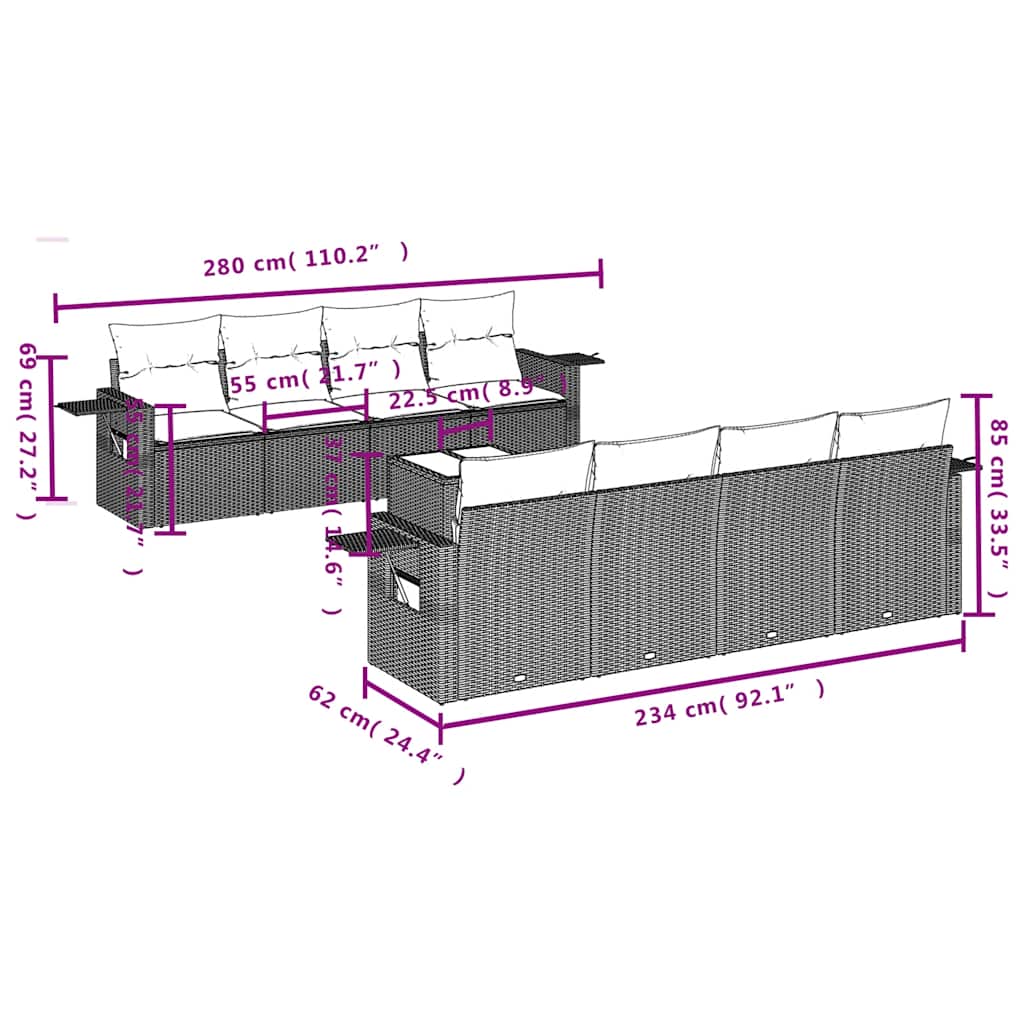 Ensemble de canapé de jardin 9 pcs avec coussins gris résine tressée
