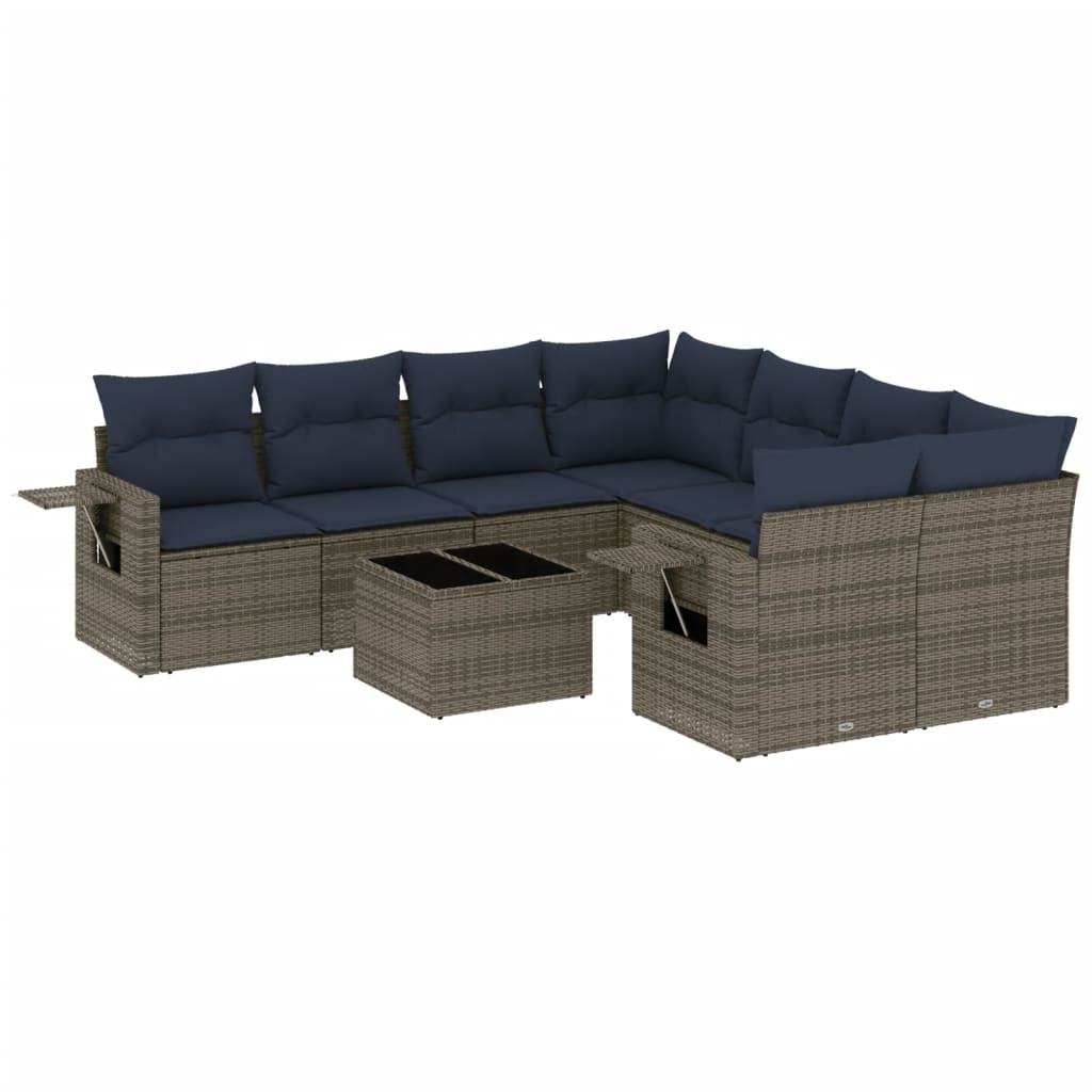 Ensemble de canapé de jardin 9 pcs avec coussins gris résine tressée