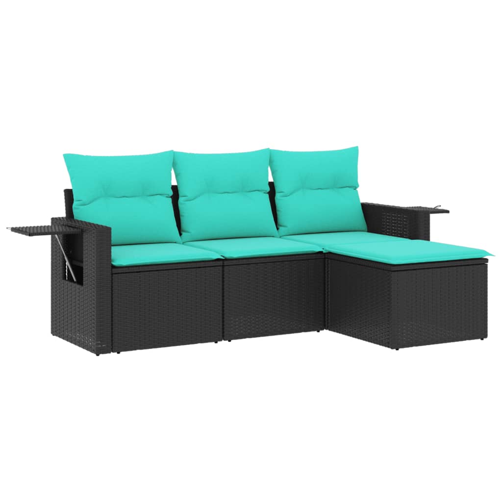 Salon de jardin 4 pcs avec coussins noir résine tressée