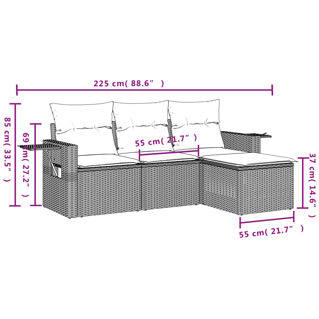 Ensemble de canapé de jardin 4 pcs avec coussins gris résine tressée