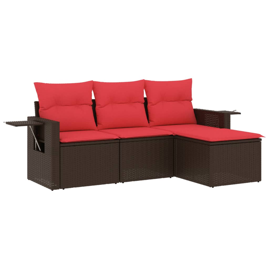 Ensemble de canapé de jardin 4 pcs avec coussins marron résine tressée