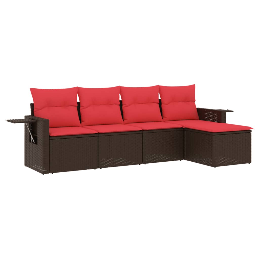 Ensemble de canapé de jardin 5 pcs avec coussins marron résine tressée