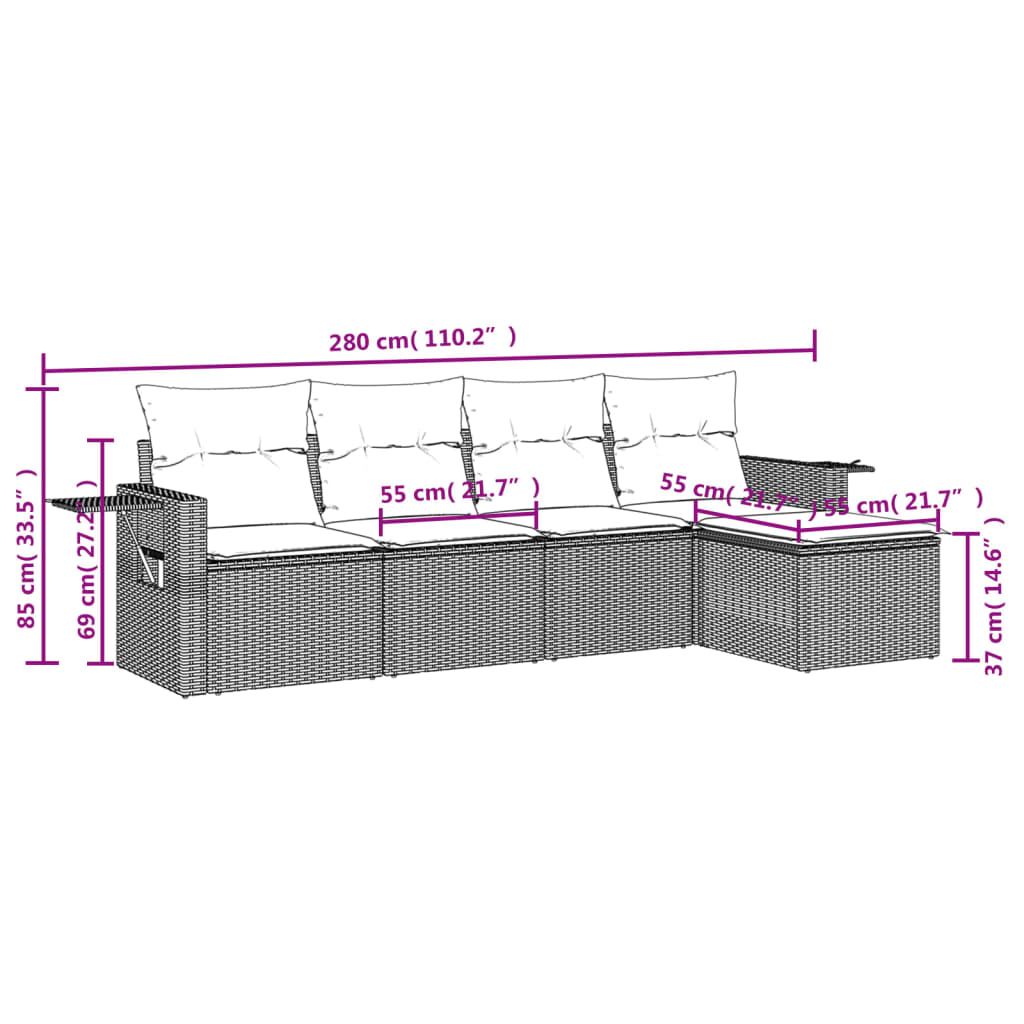 Ensemble de canapé de jardin 5 pcs avec coussins marron résine tressée