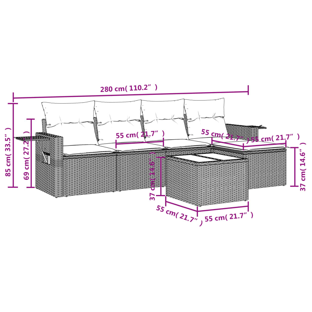 Ensemble de canapé de jardin 6 pcs avec coussins noir résine tressée