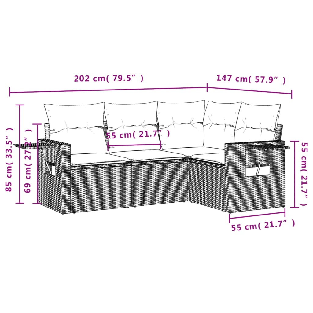 Ensemble de canapé de jardin 4 pcs avec coussins gris résine tressée