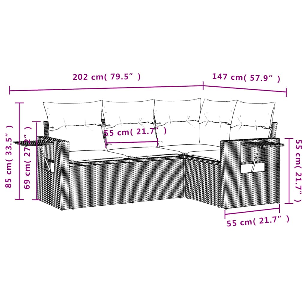 Salon de jardin 4 pcs avec coussins marron résine tressée