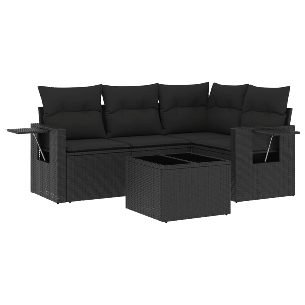 Salon de jardin 5 pcs avec coussins noir résine tressée