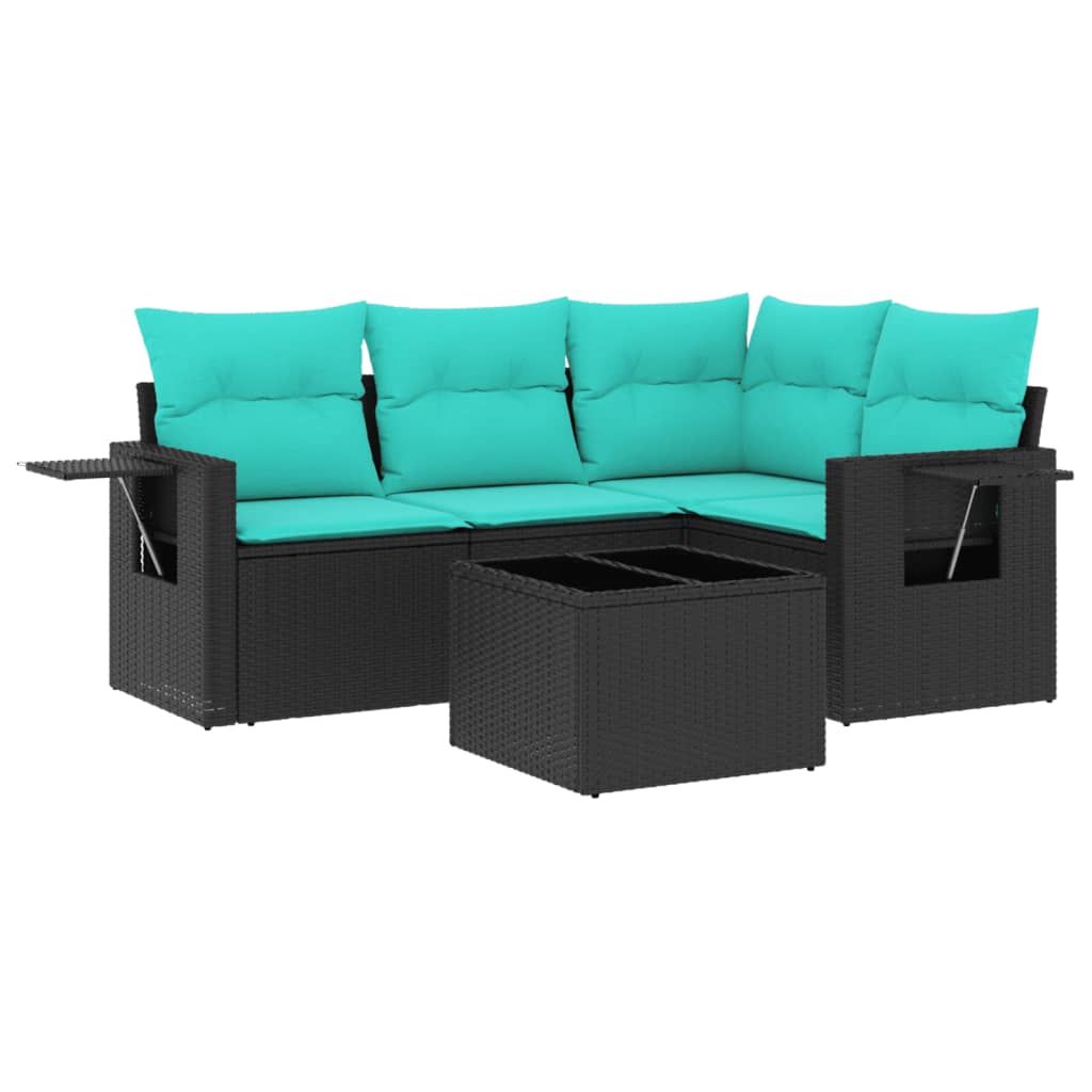 Ensemble de canapé de jardin 5 pcs avec coussins noir résine tressée