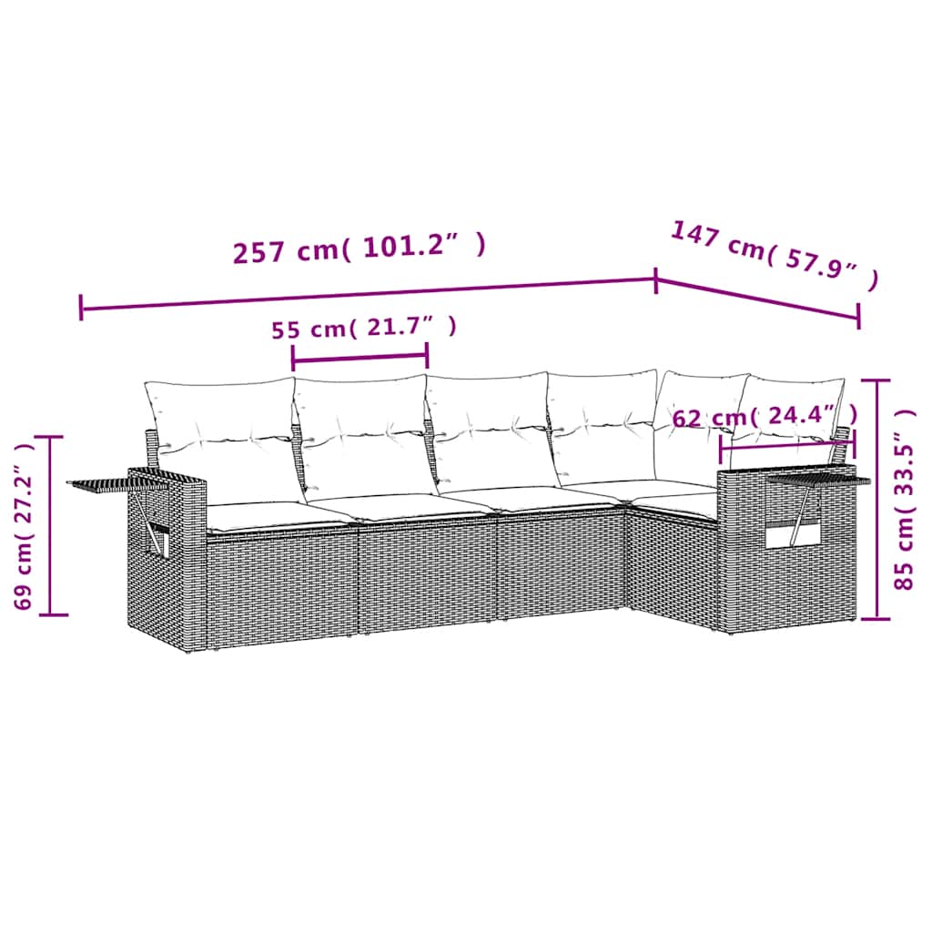 Salon de jardin avec coussins 5 pcs marron résine tressée