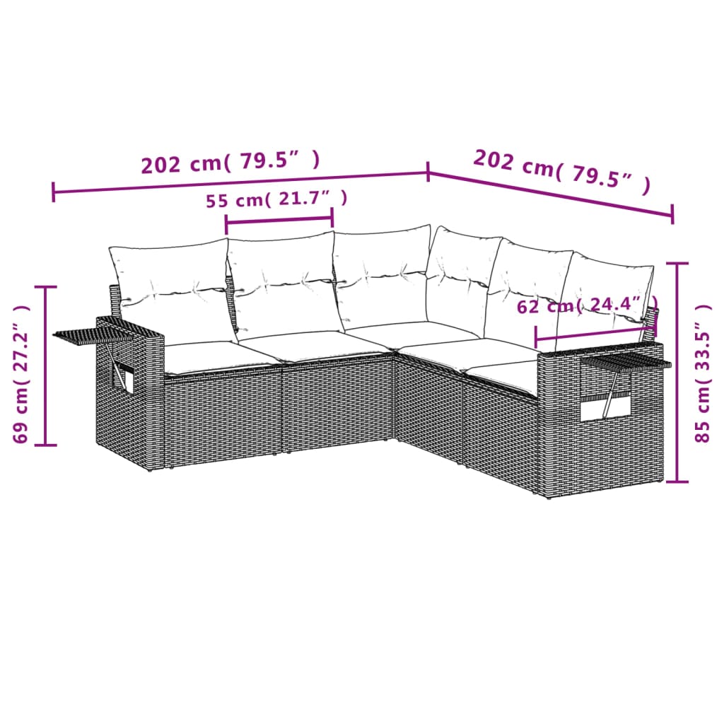 Ensemble de canapé de jardin 5 pcs avec coussins gris résine tressée