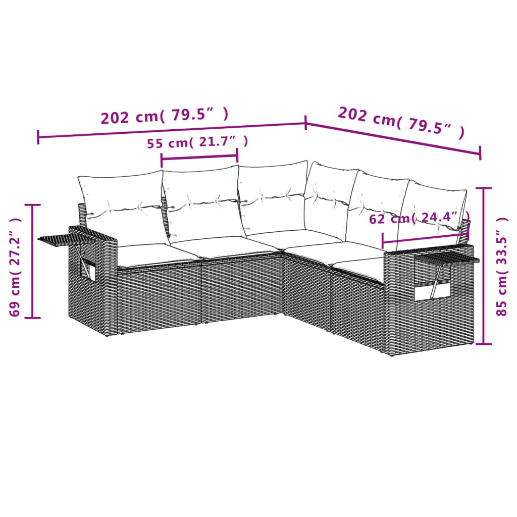 Ensemble de canapé de jardin 5 pcs avec coussins marron résine tressée