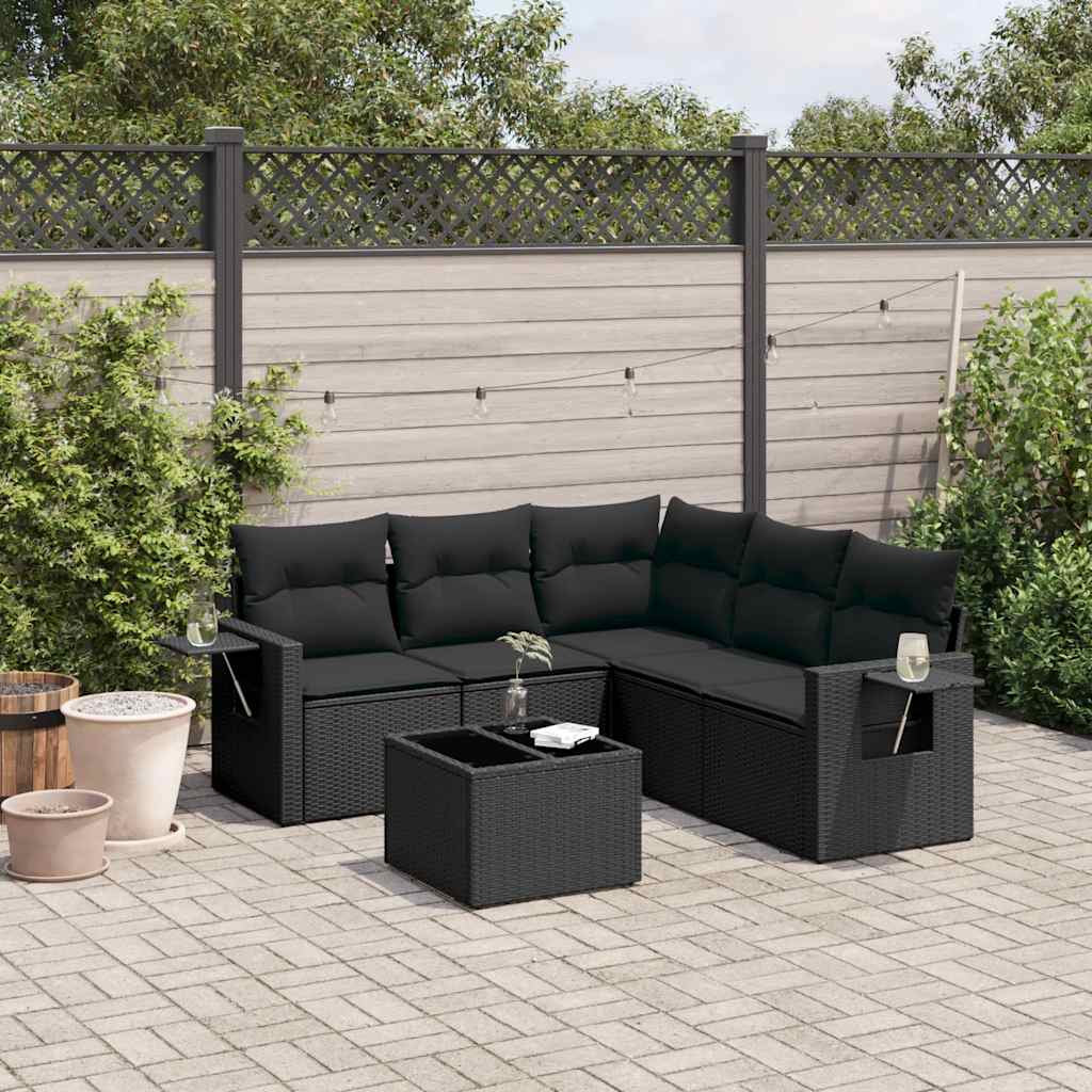 Salon de jardin 6 pcs avec coussins noir résine tressée