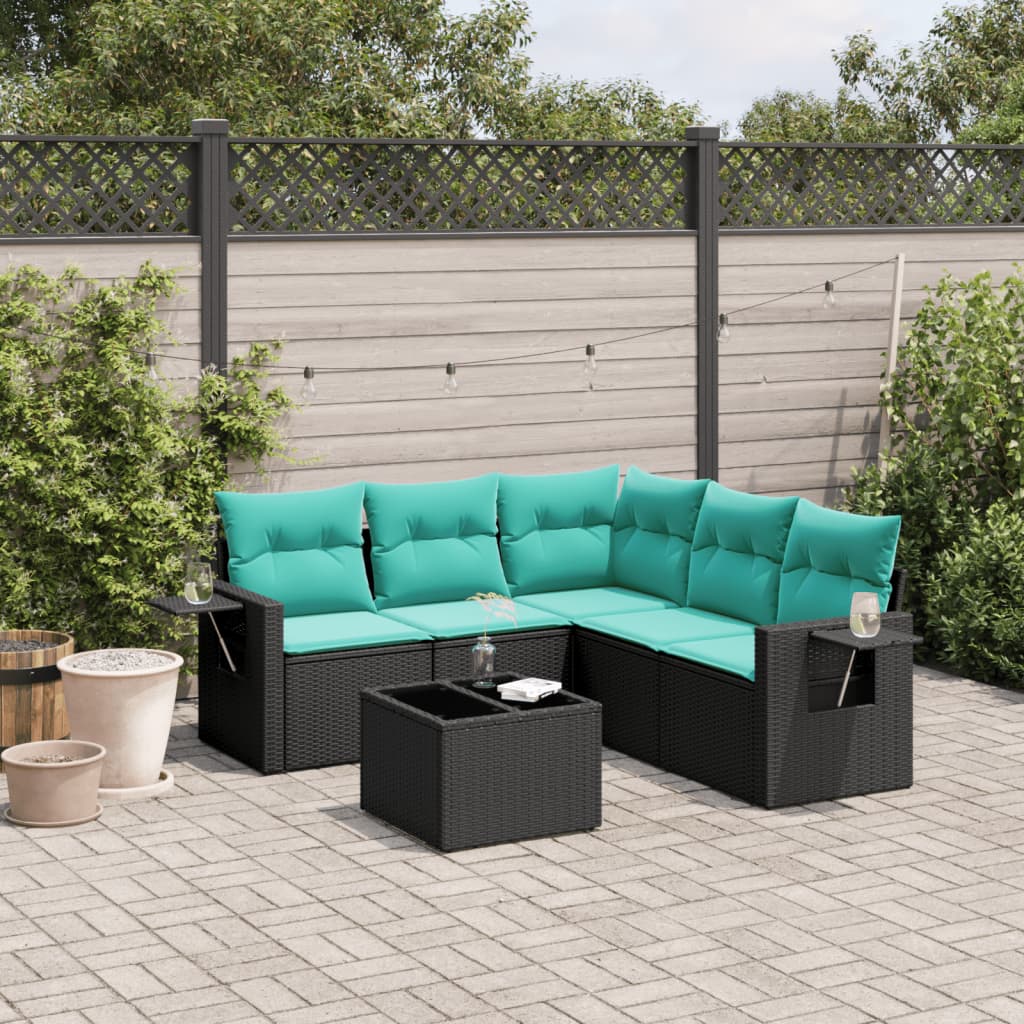 Ensemble de canapé de jardin 6 pcs avec coussins noir résine tressée