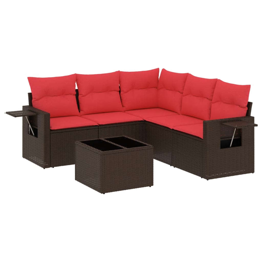 Ensemble de canapé de jardin 6 pcs avec coussins marron résine tressée