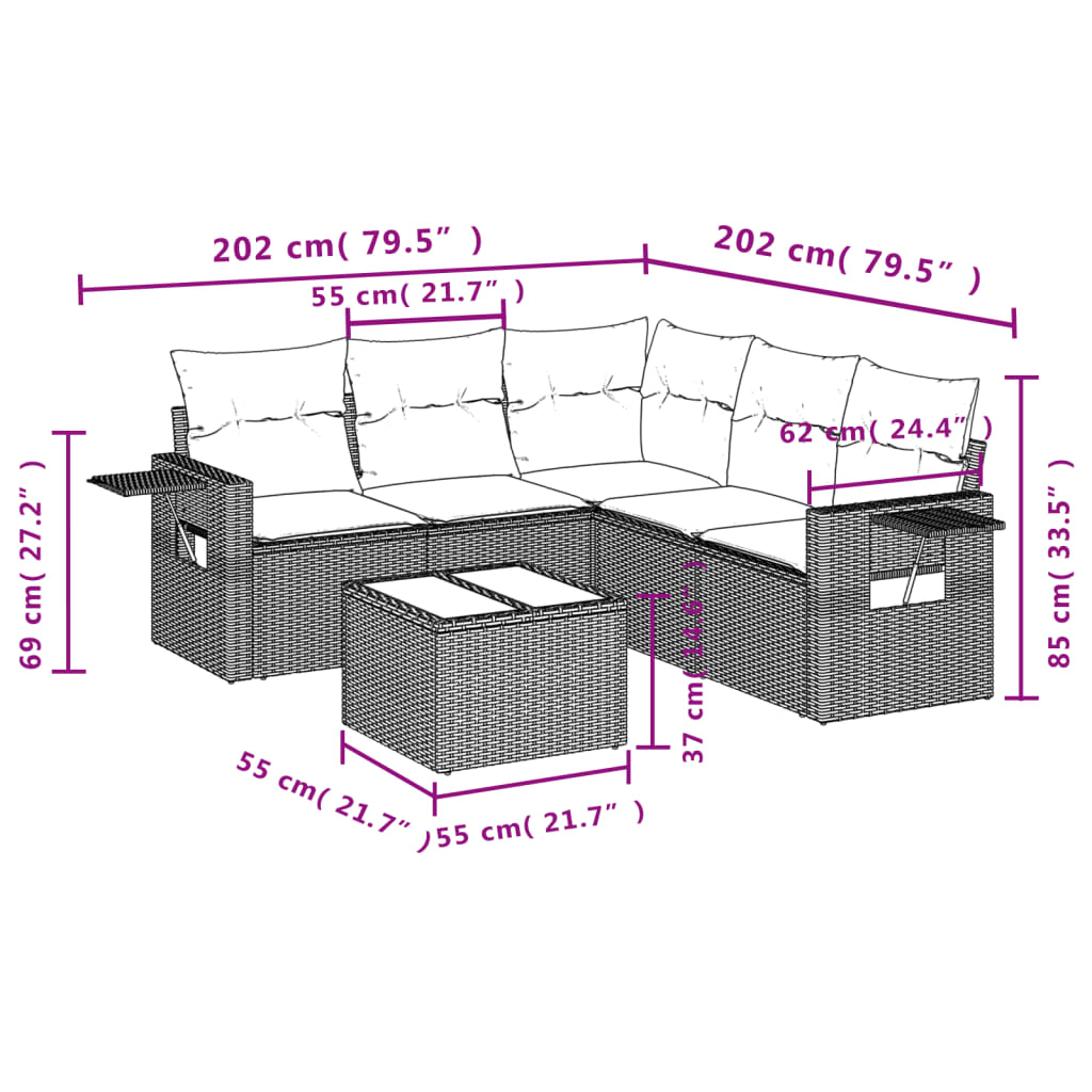 Ensemble de canapé de jardin 6 pcs avec coussins marron résine tressée