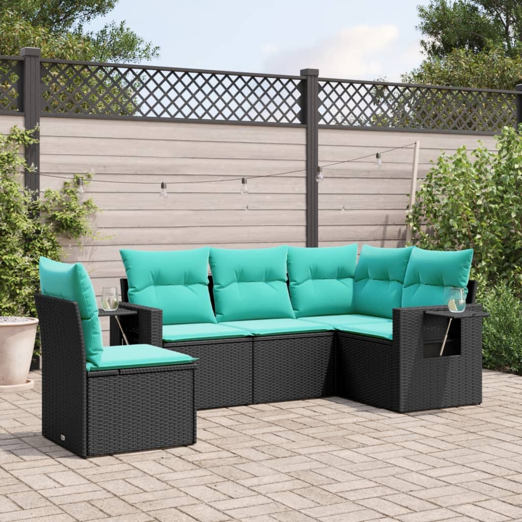 Salon de jardin 5 pcs avec coussins noir résine tressée