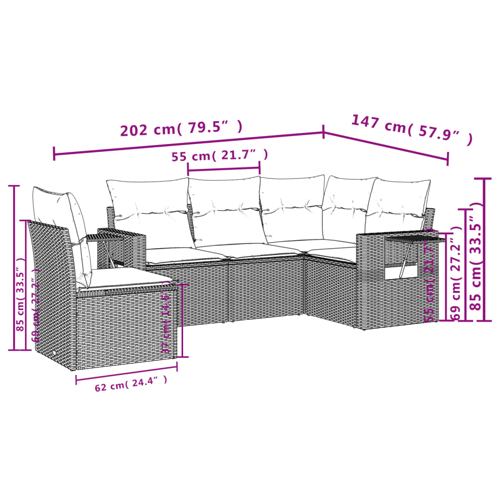 Ensemble de canapé de jardin 5 pcs avec coussins gris résine tressée