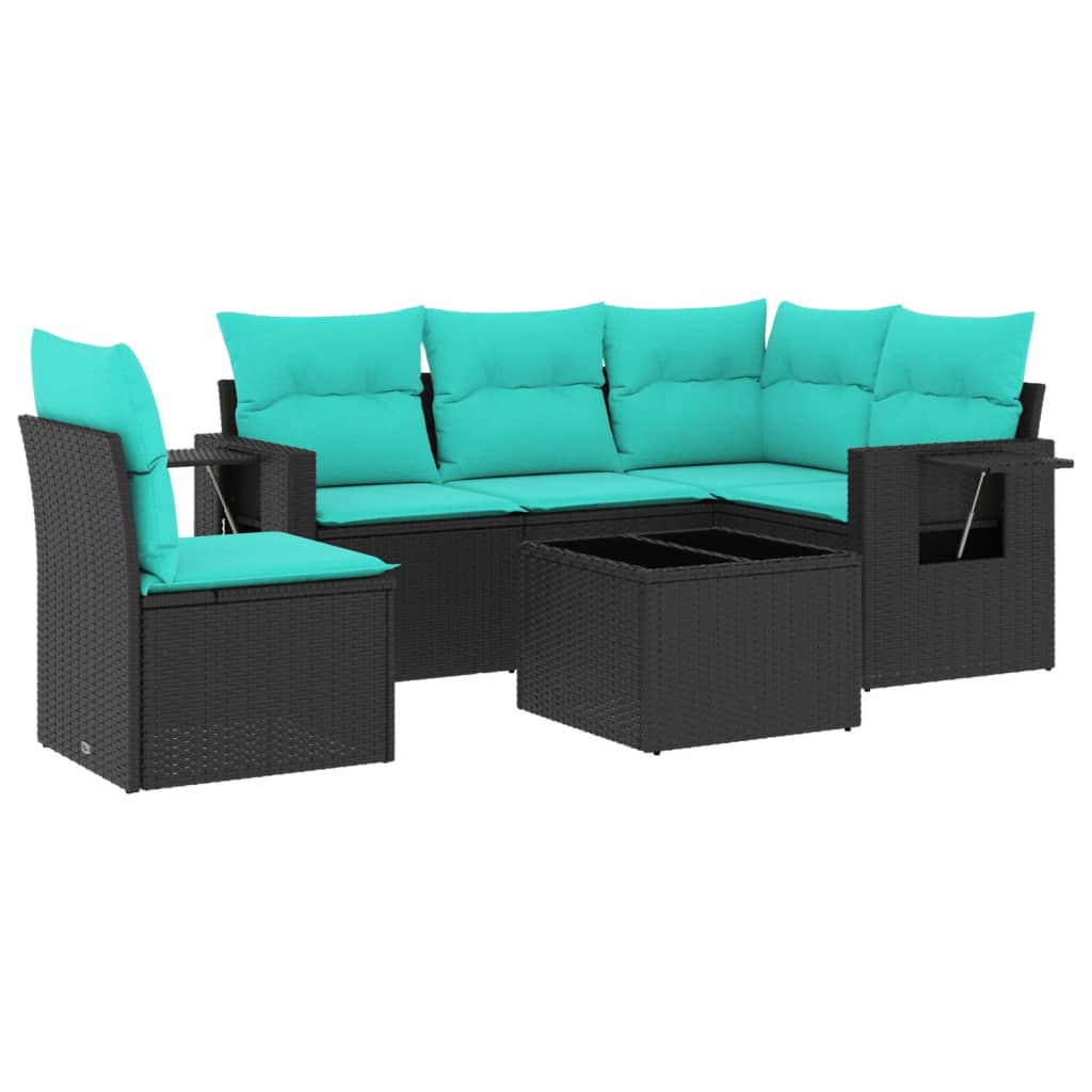 Ensemble de canapé de jardin 6 pcs avec coussins noir résine tressée