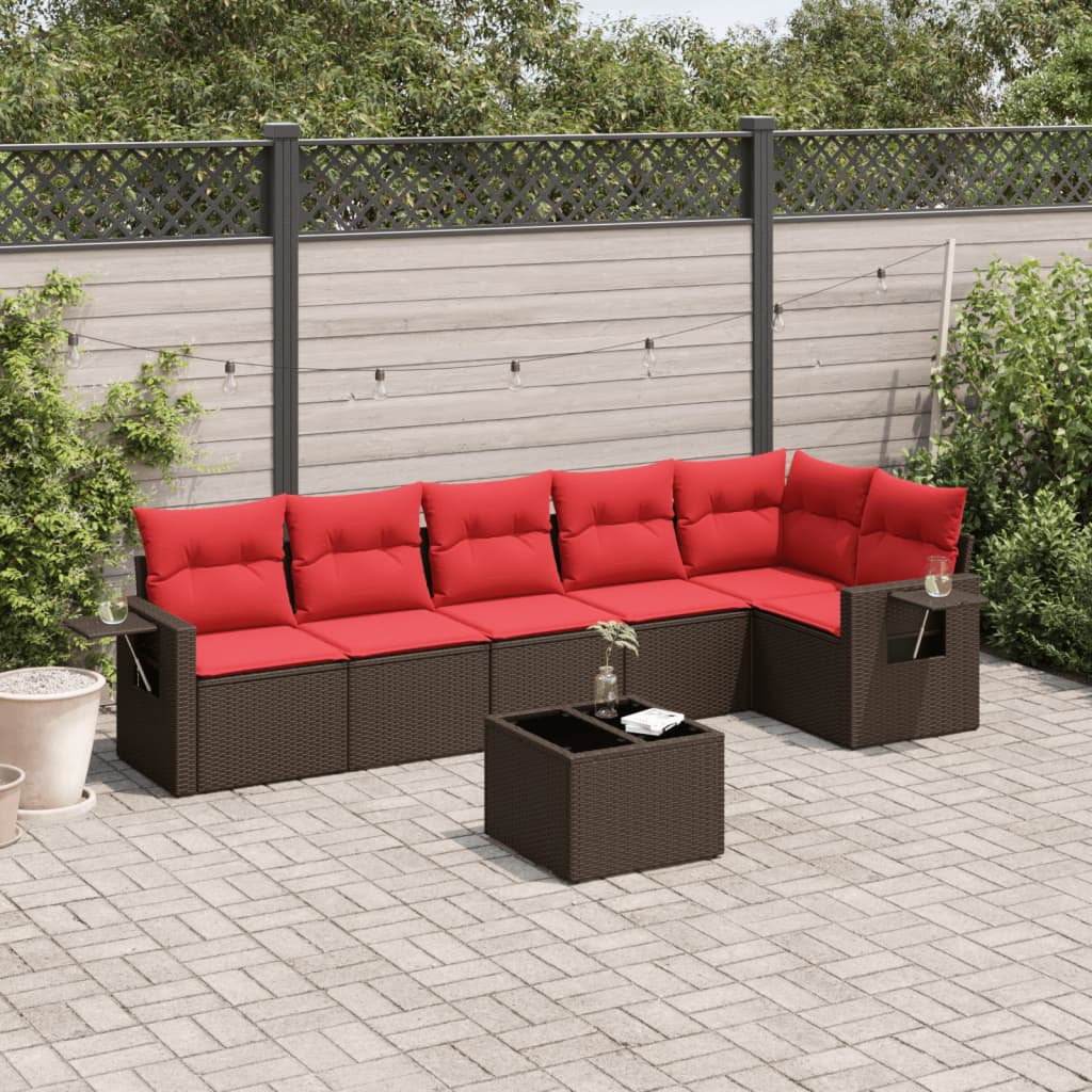 Ensemble de canapé de jardin 7 pcs avec coussins marron résine tressée