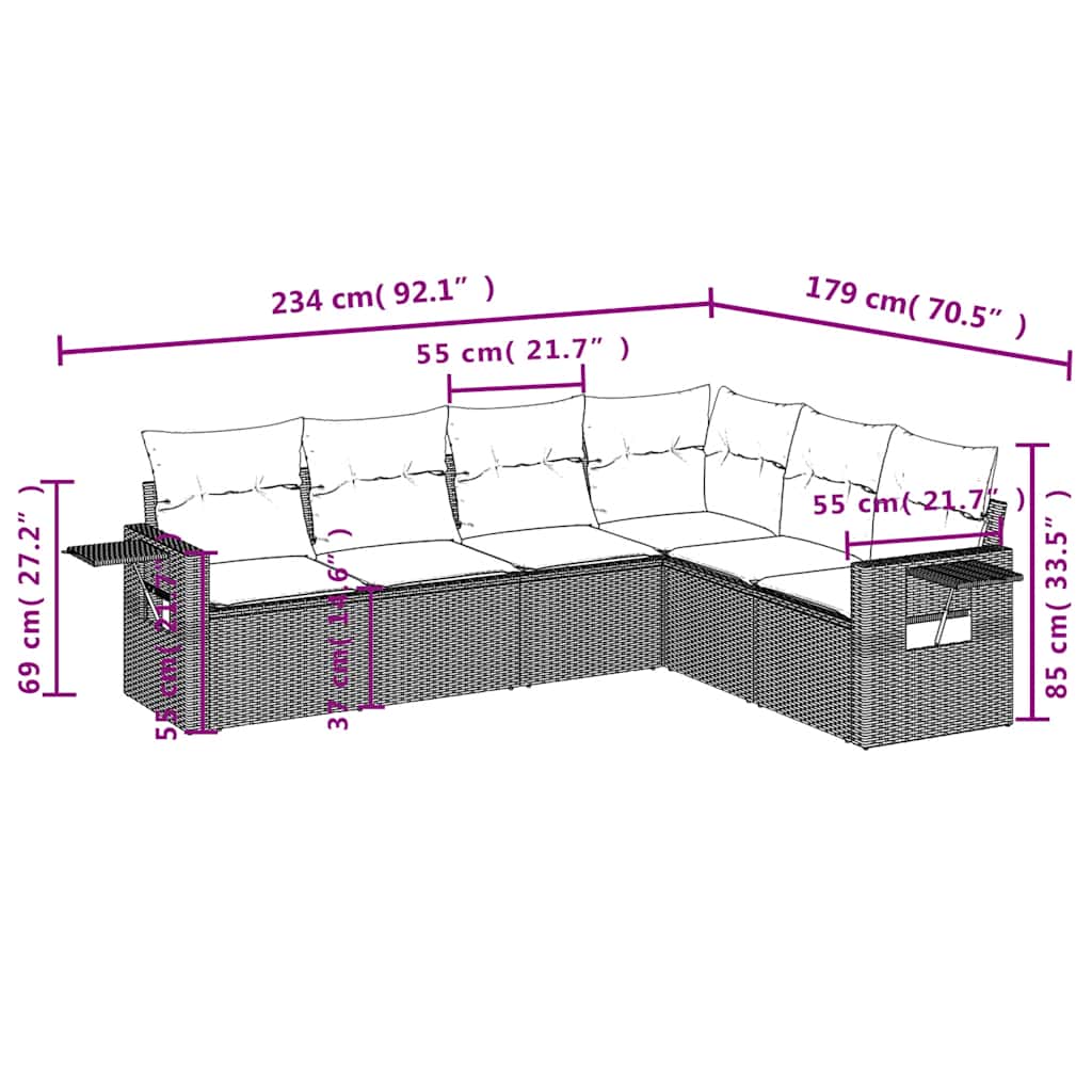 Ensemble de canapé de jardin 6 pcs avec coussins gris résine tressée
