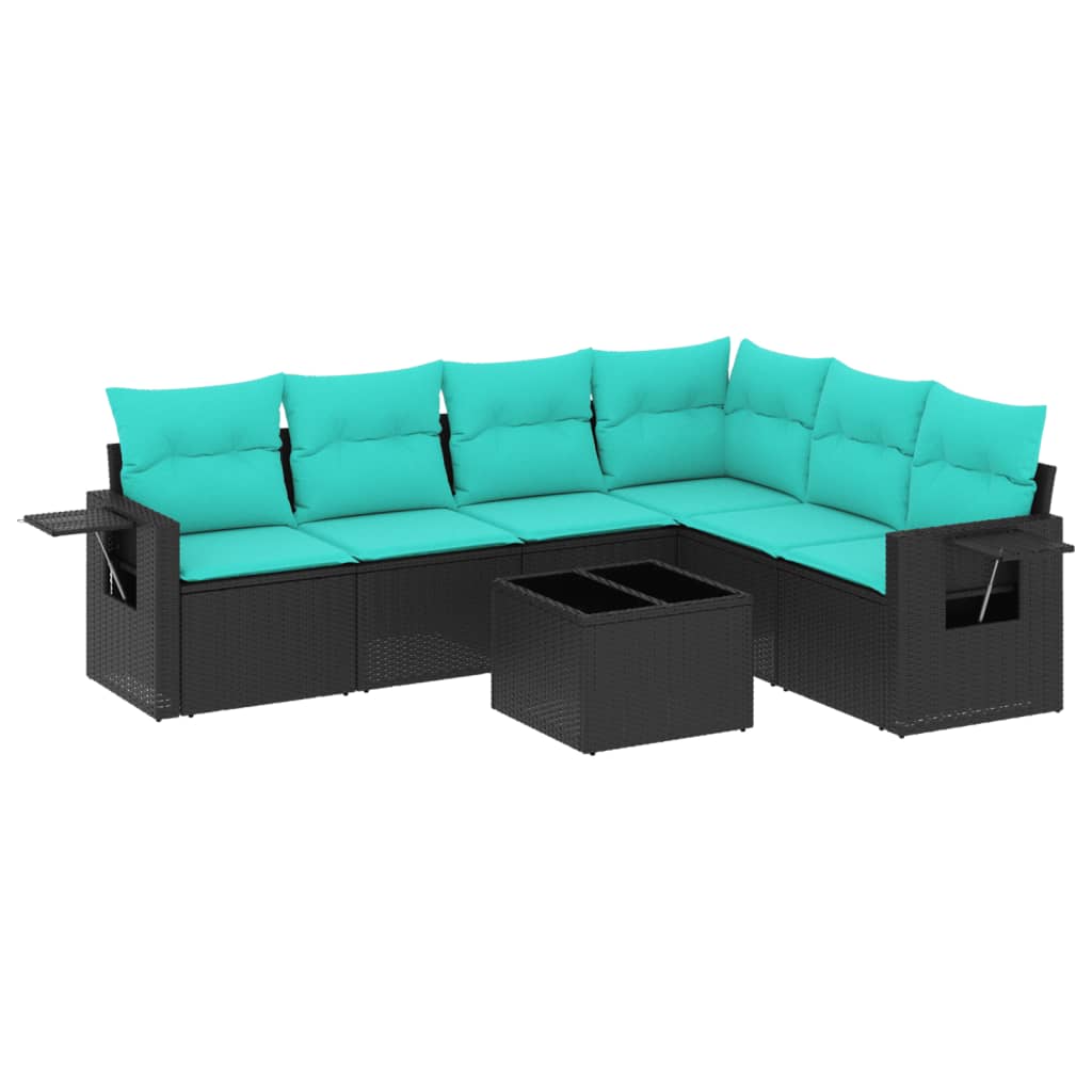 Ensemble de canapé de jardin 7 pcs avec coussins noir résine tressée