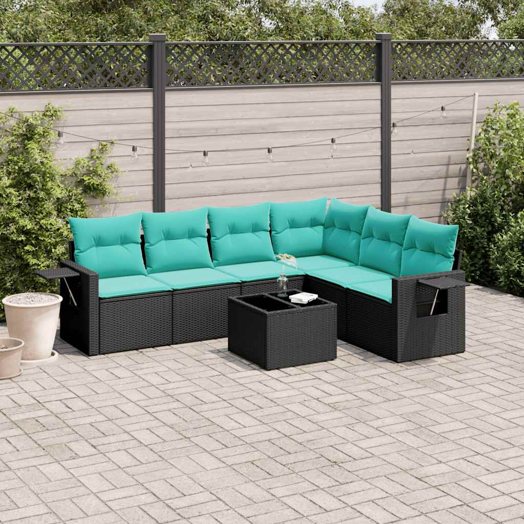 Ensemble de canapé de jardin 7 pcs avec coussins noir résine tressée