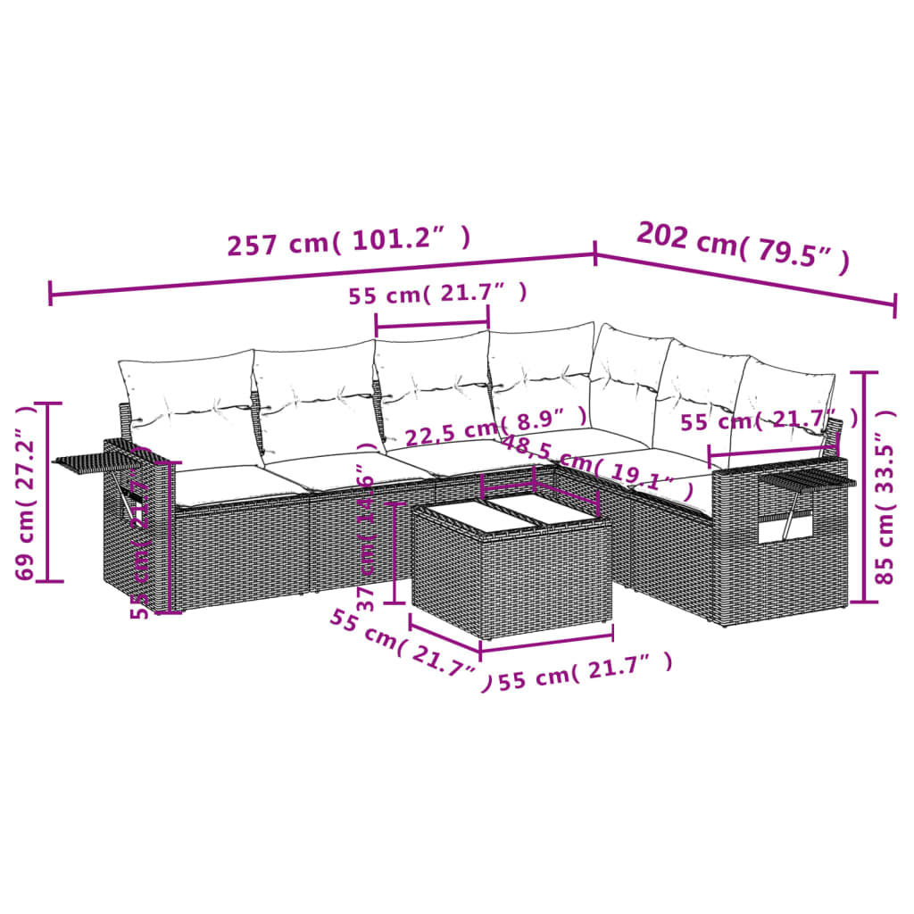 Ensemble de canapé de jardin 7 pcs avec coussins marron résine tressée