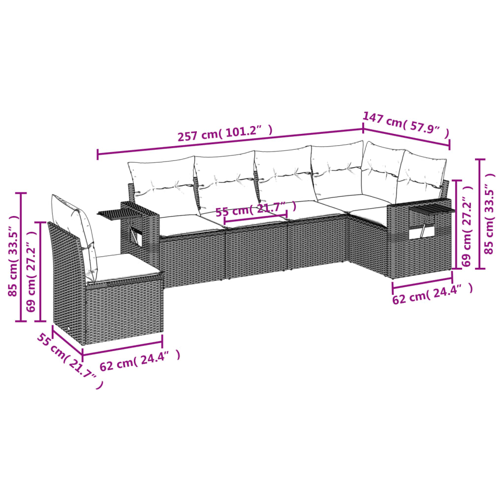 Ensemble de canapé de jardin 6 pcs avec coussins gris résine tressée