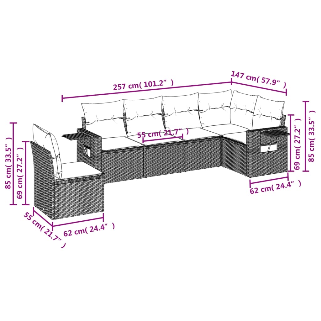 Ensemble de canapé de jardin 6 pcs avec coussins marron résine tressée