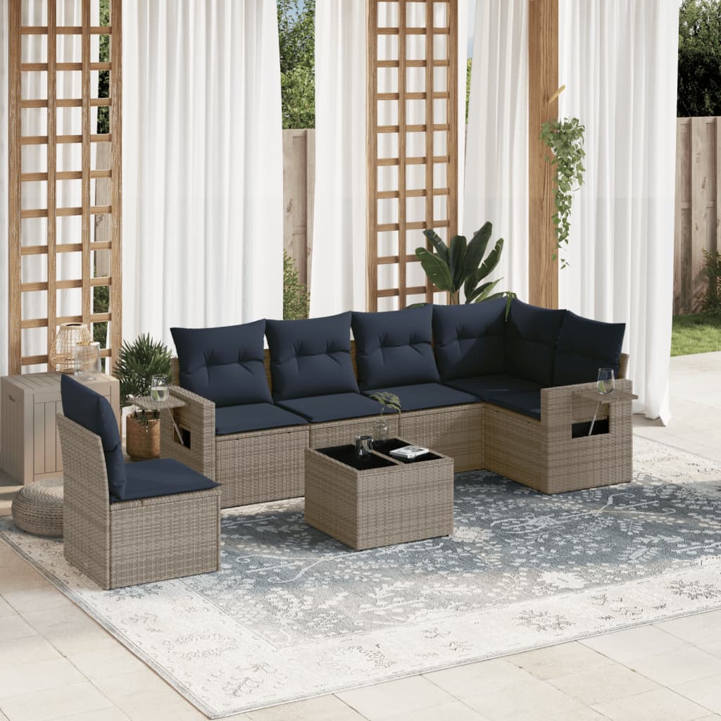 Ensemble de canapé de jardin 7 pcs avec coussins gris résine tressée