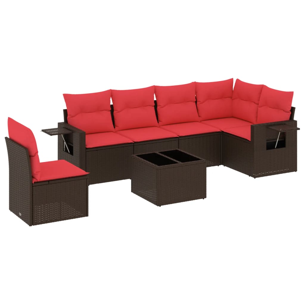 Ensemble de canapé de jardin 7 pcs avec coussins marron résine tressée