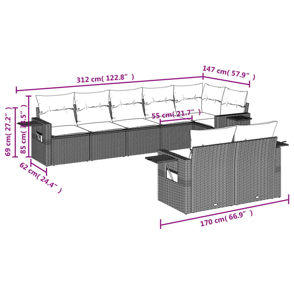 Ensemble de canapé de jardin 8 pcs avec coussins marron résine tressée