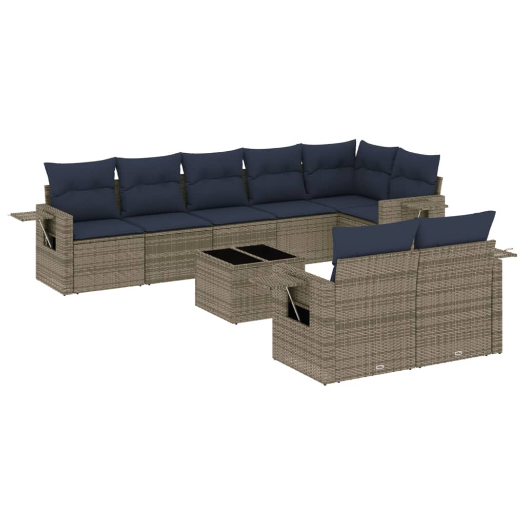 Ensemble de canapé de jardin 9 pcs avec coussins gris résine tressée