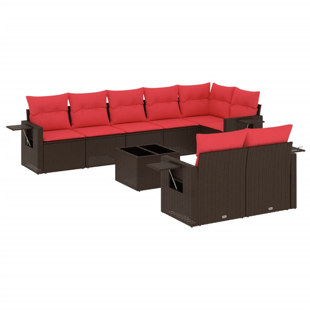 Ensemble de canapé de jardin 9 pcs avec coussins marron résine tressée