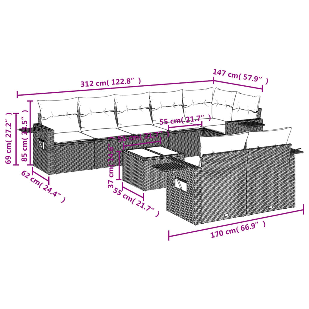 Ensemble de canapé de jardin 9 pcs avec coussins marron résine tressée