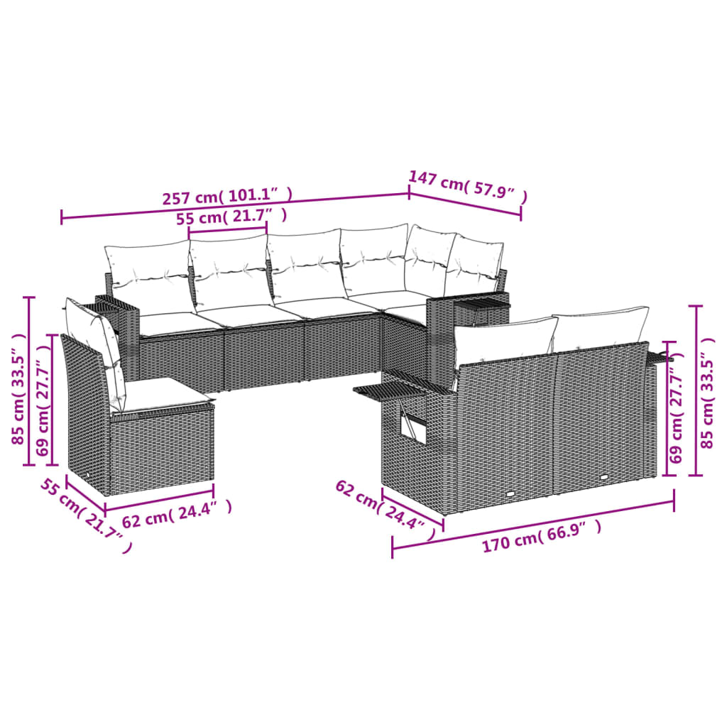 Ensemble de canapé de jardin 8 pcs avec coussins marron résine tressée