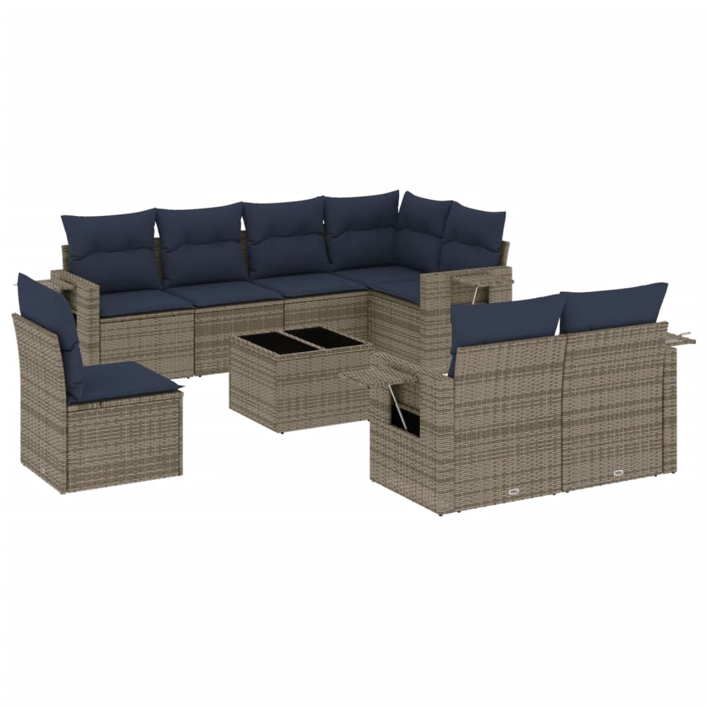 Ensemble de canapé de jardin 9 pcs avec coussins gris résine tressée