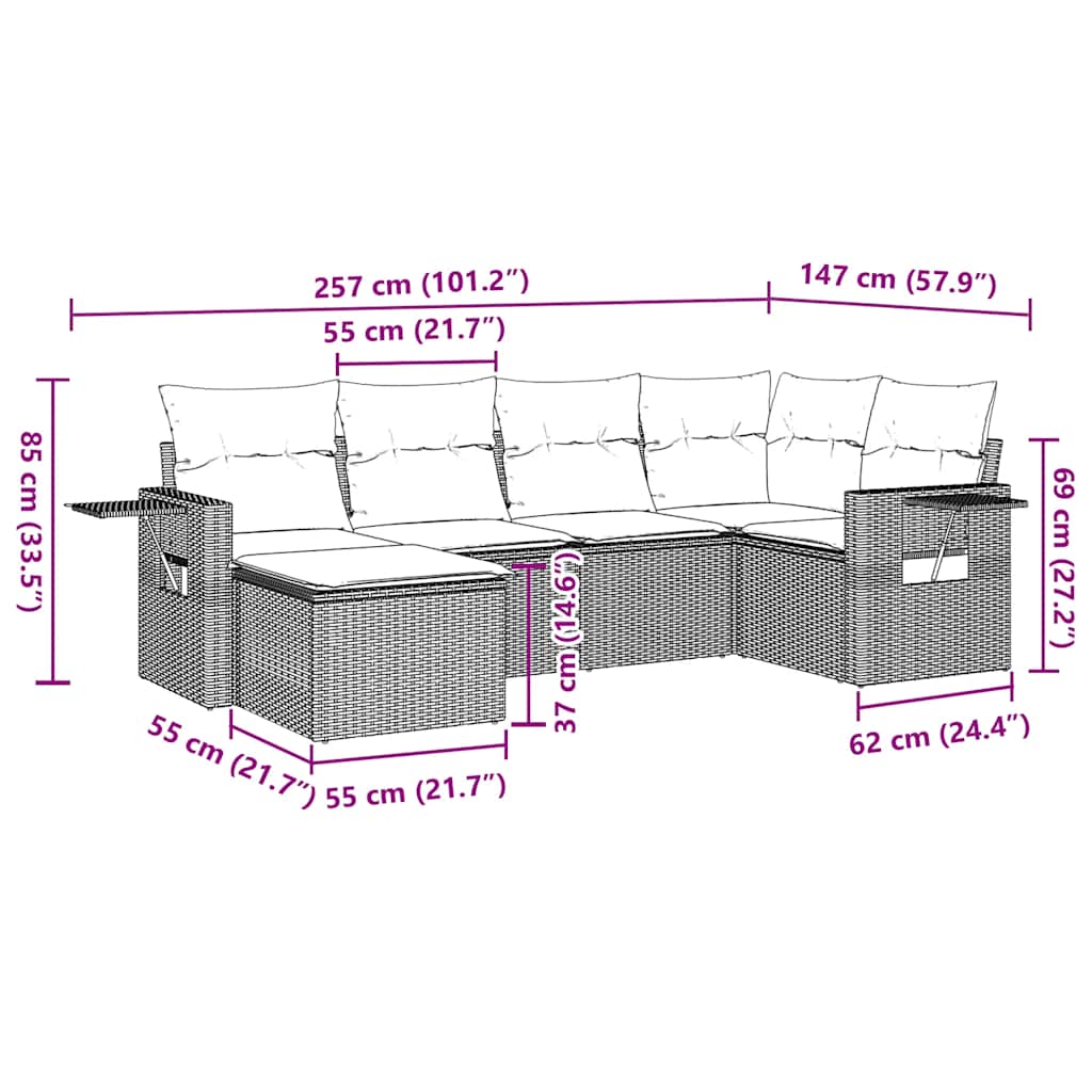 Salon de jardin avec coussins 6 pcs marron résine tressée