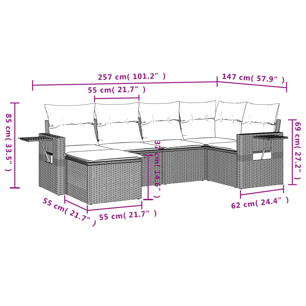 Ensemble de canapé de jardin 6 pcs avec coussins marron résine tressée