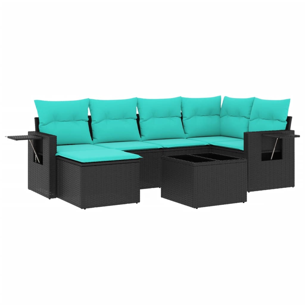 Ensemble de canapé de jardin 7 pcs avec coussins noir résine tressée