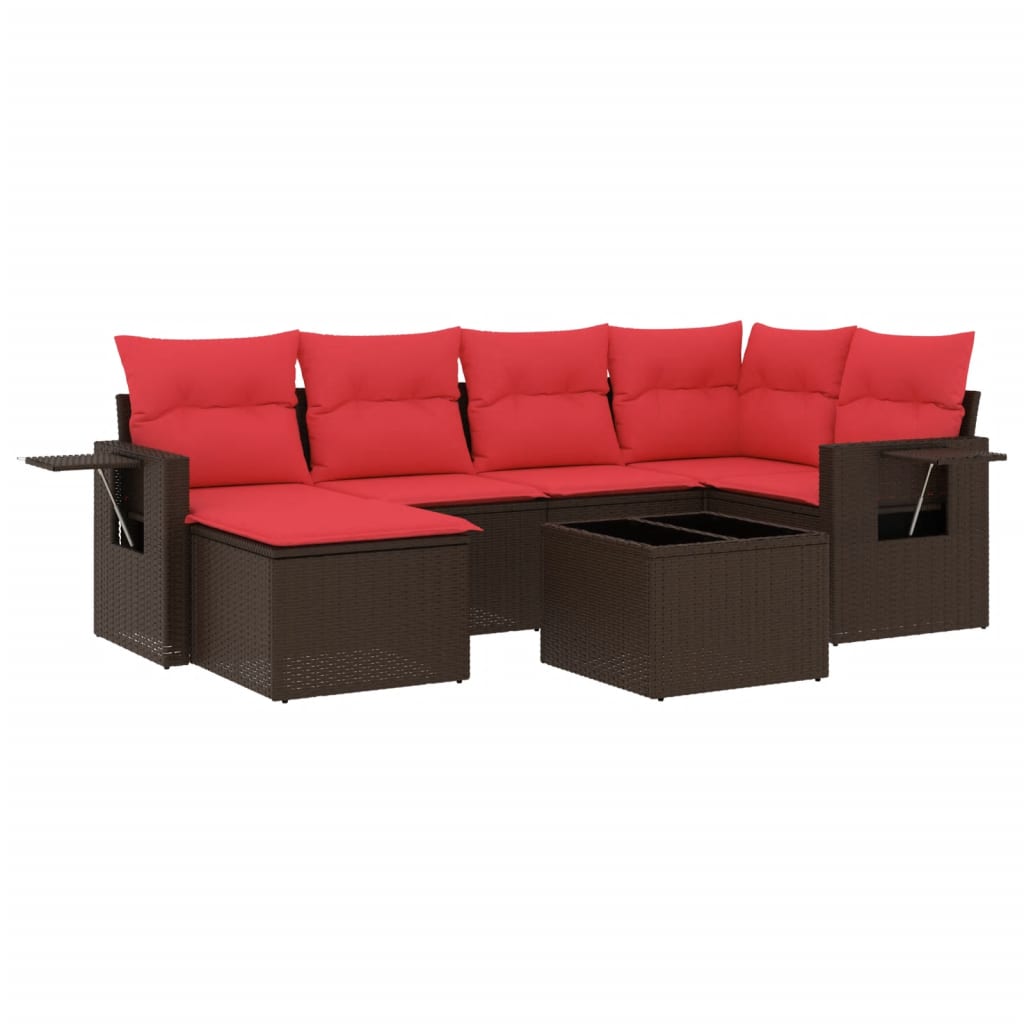 Ensemble de canapé de jardin 7 pcs avec coussins marron résine tressée