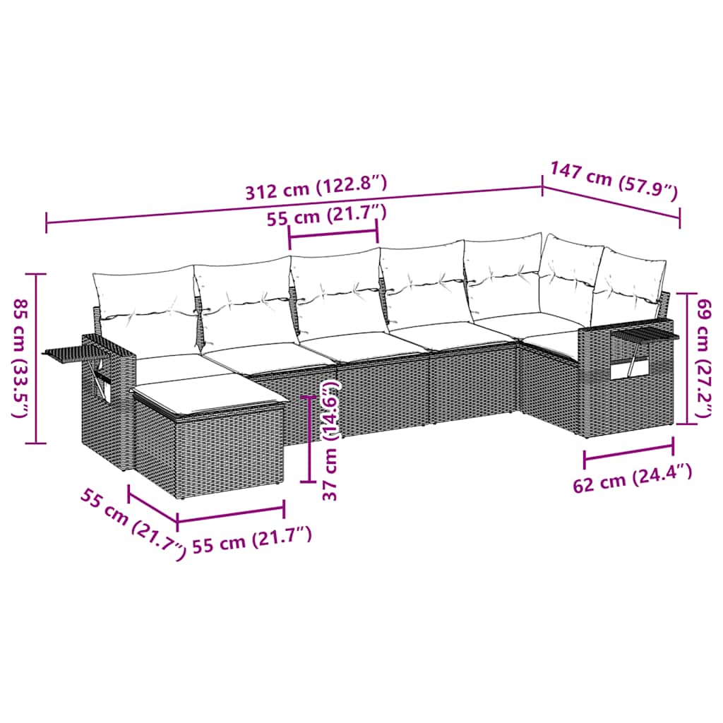 Salon de jardin avec coussins 7 pcs marron résine tressée
