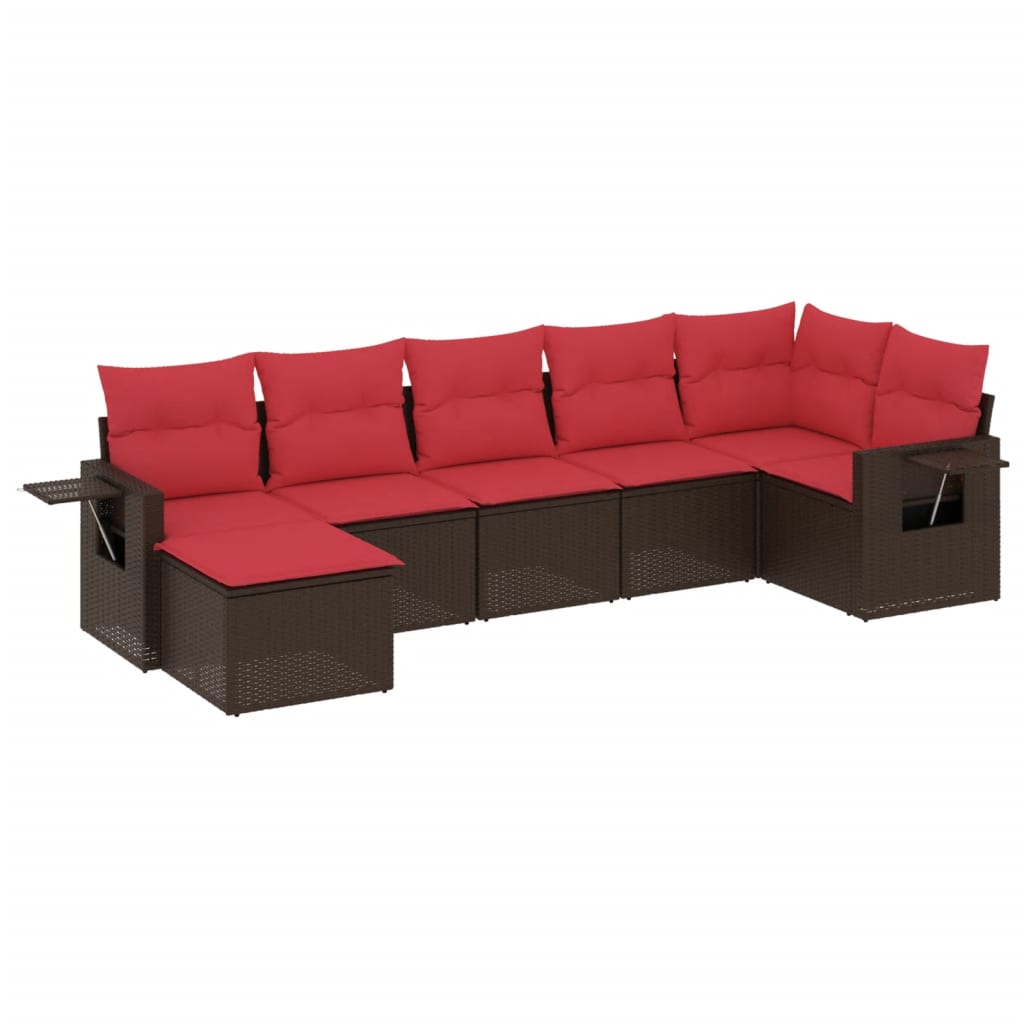 Ensemble de canapé de jardin 7 pcs avec coussins marron résine tressée