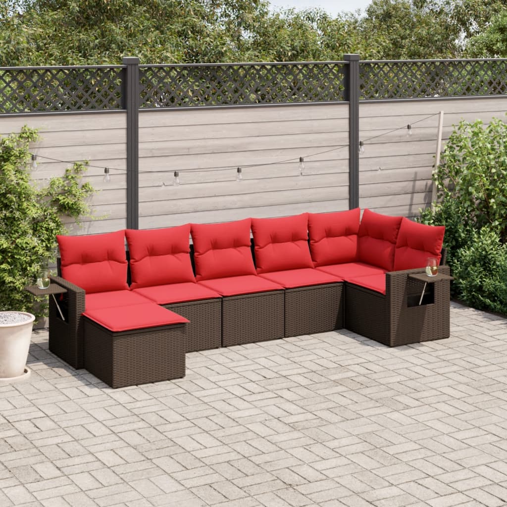 Ensemble de canapé de jardin 7 pcs avec coussins marron résine tressée
