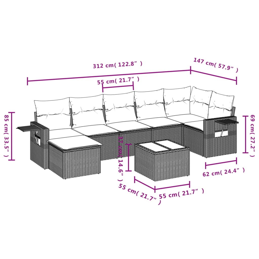 Ensemble de canapé de jardin 8 pcs avec coussins marron résine tressée