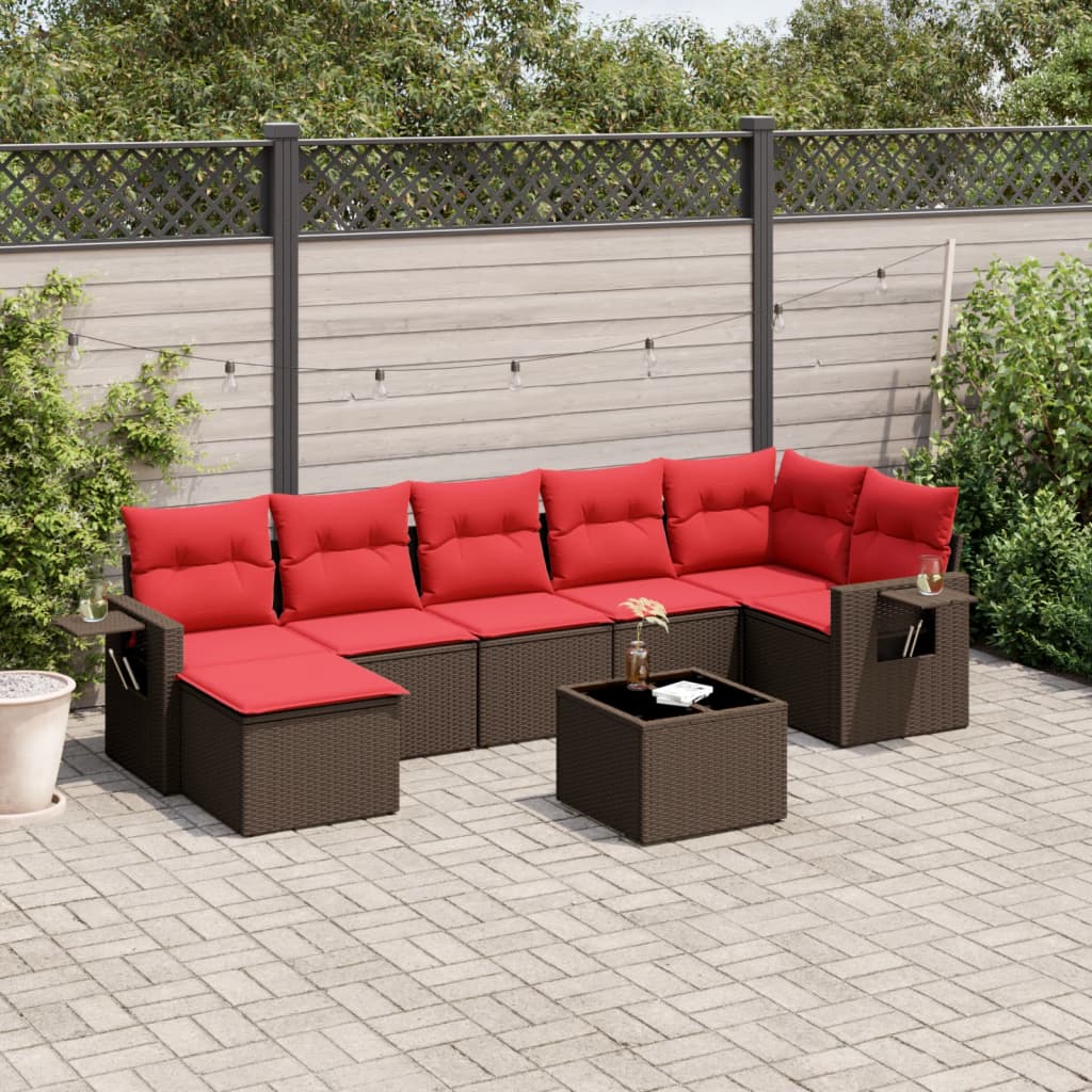 Ensemble de canapé de jardin 8 pcs avec coussins marron résine tressée